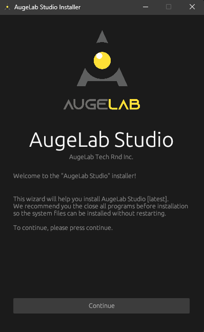 AugeLab Studio setup wizard